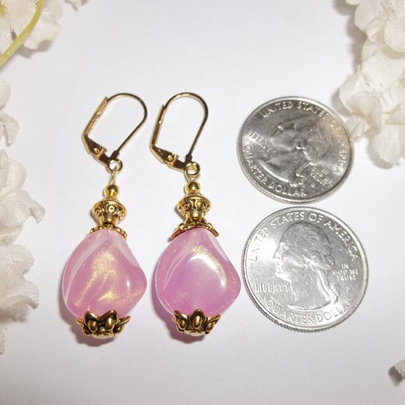 Pink & Gold Beaded Earrings Handmade NWT Set 5147 - Picture 2 of 8